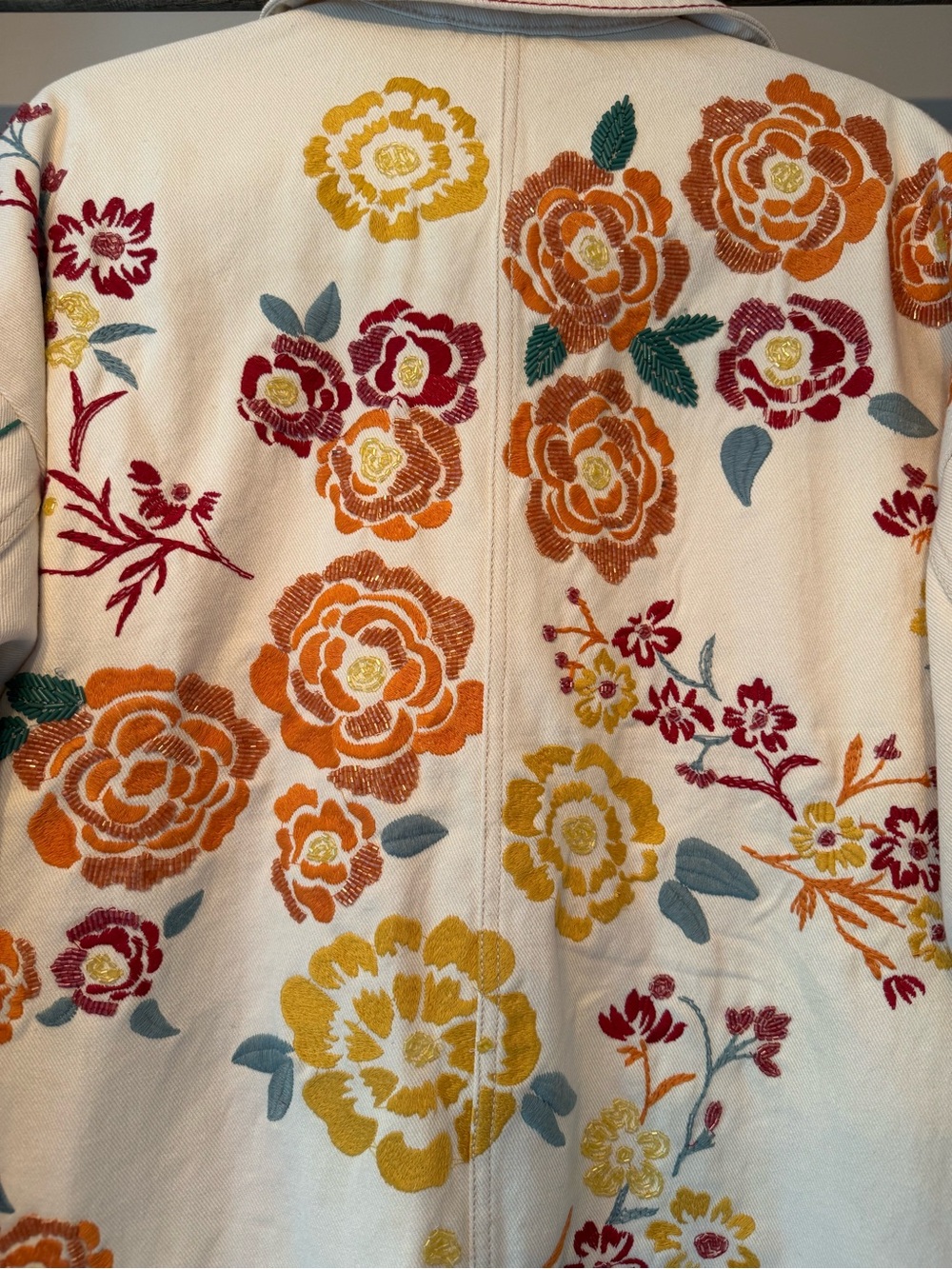 We The Free Cream Embroidered Floral Jean Jacket with Yellow & Orange Flowers - Picture 4 of 10